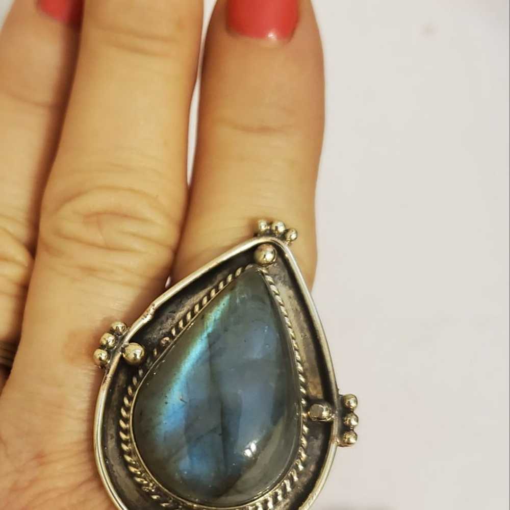 Large Labradoite Teardrop Stone Ring-7.5 - image 1