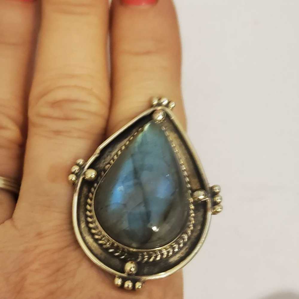 Large Labradoite Teardrop Stone Ring-7.5 - image 2