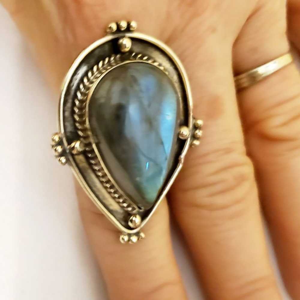 Large Labradoite Teardrop Stone Ring-7.5 - image 3