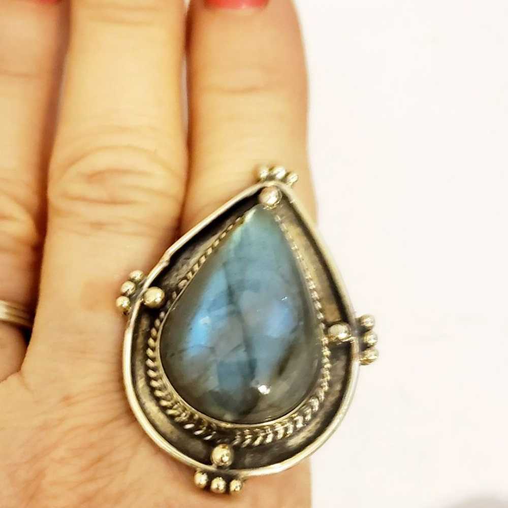 Large Labradoite Teardrop Stone Ring-7.5 - image 4