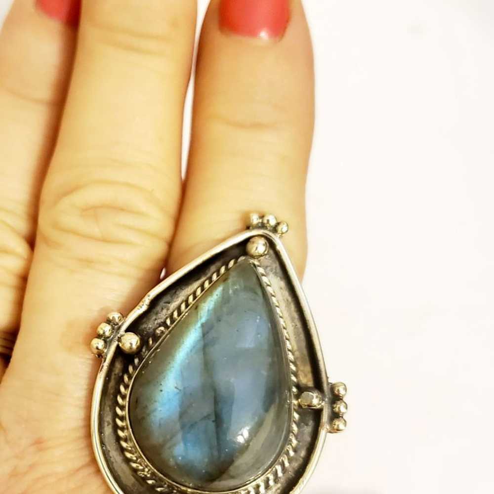 Large Labradoite Teardrop Stone Ring-7.5 - image 5