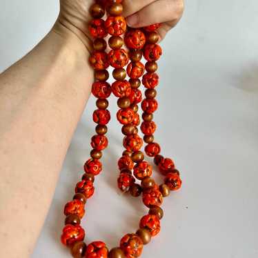 Vintage Handblown Orange Glass And Wood Beaded Ne… - image 1