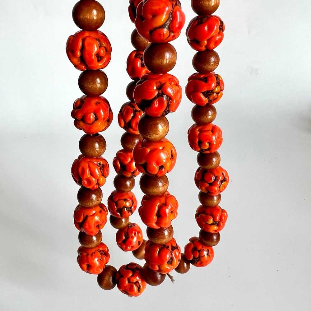 Vintage Handblown Orange Glass And Wood Beaded Ne… - image 3