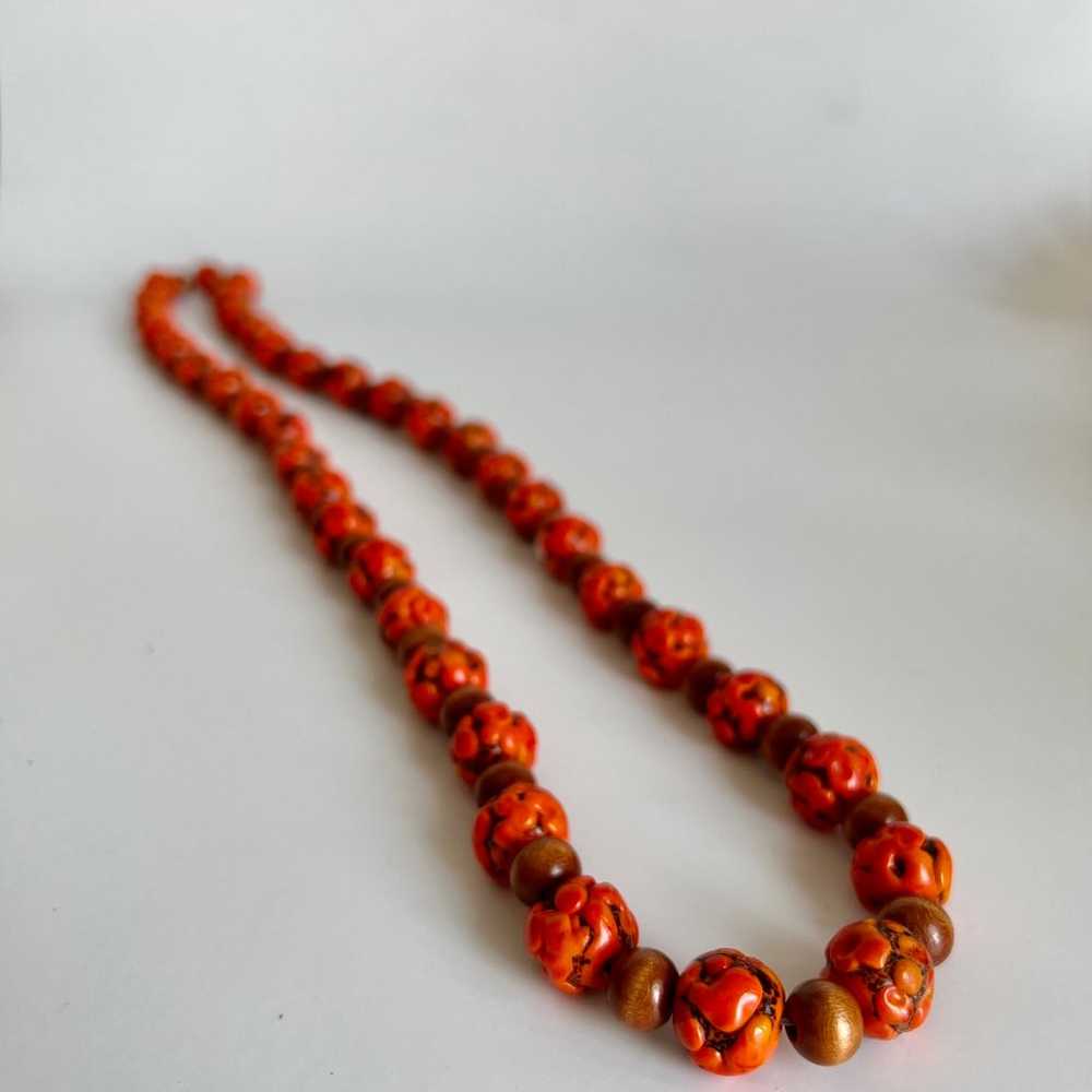 Vintage Handblown Orange Glass And Wood Beaded Ne… - image 4