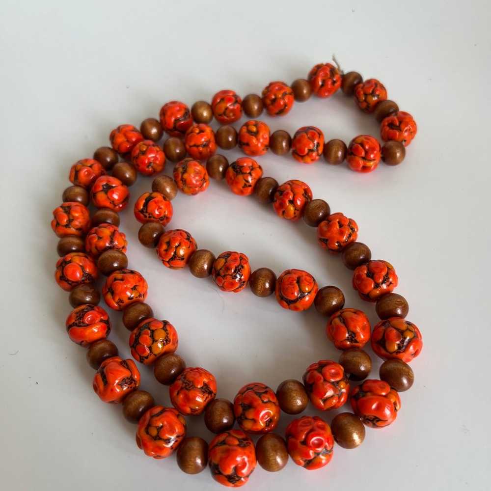 Vintage Handblown Orange Glass And Wood Beaded Ne… - image 5