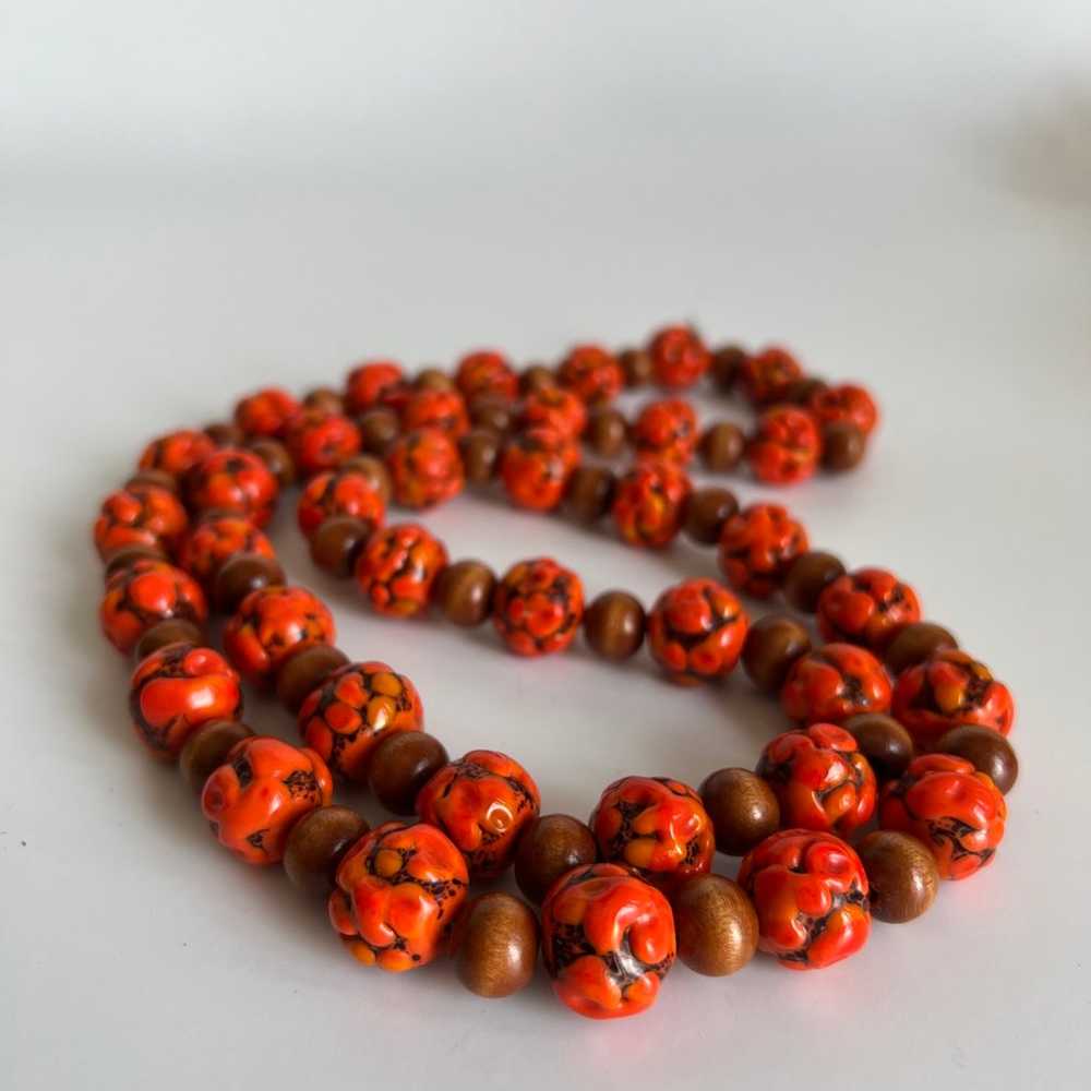 Vintage Handblown Orange Glass And Wood Beaded Ne… - image 6