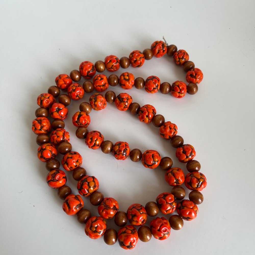 Vintage Handblown Orange Glass And Wood Beaded Ne… - image 7