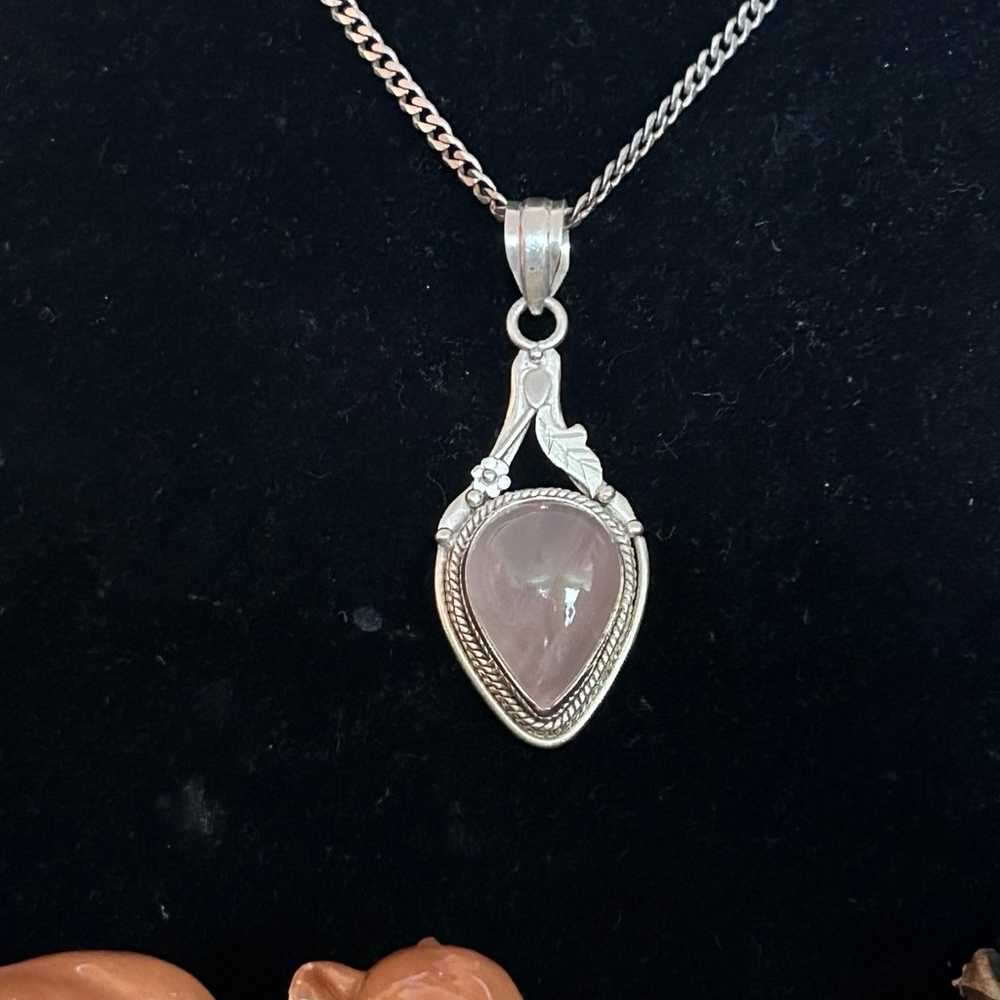 925 Sterling Vintage fabulous Rose Quartz necklace - image 2