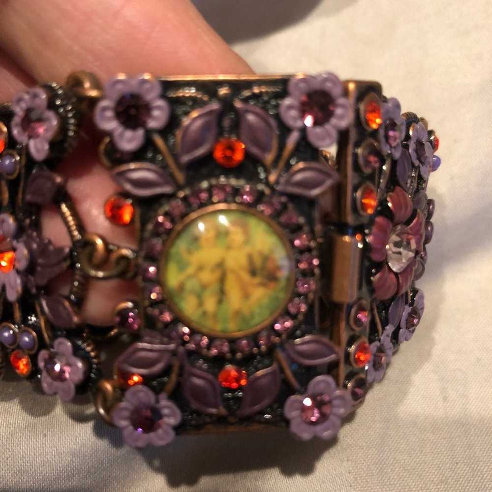 Vintage Cherub Clasp Pink & Purple Flower Bracele… - image 2