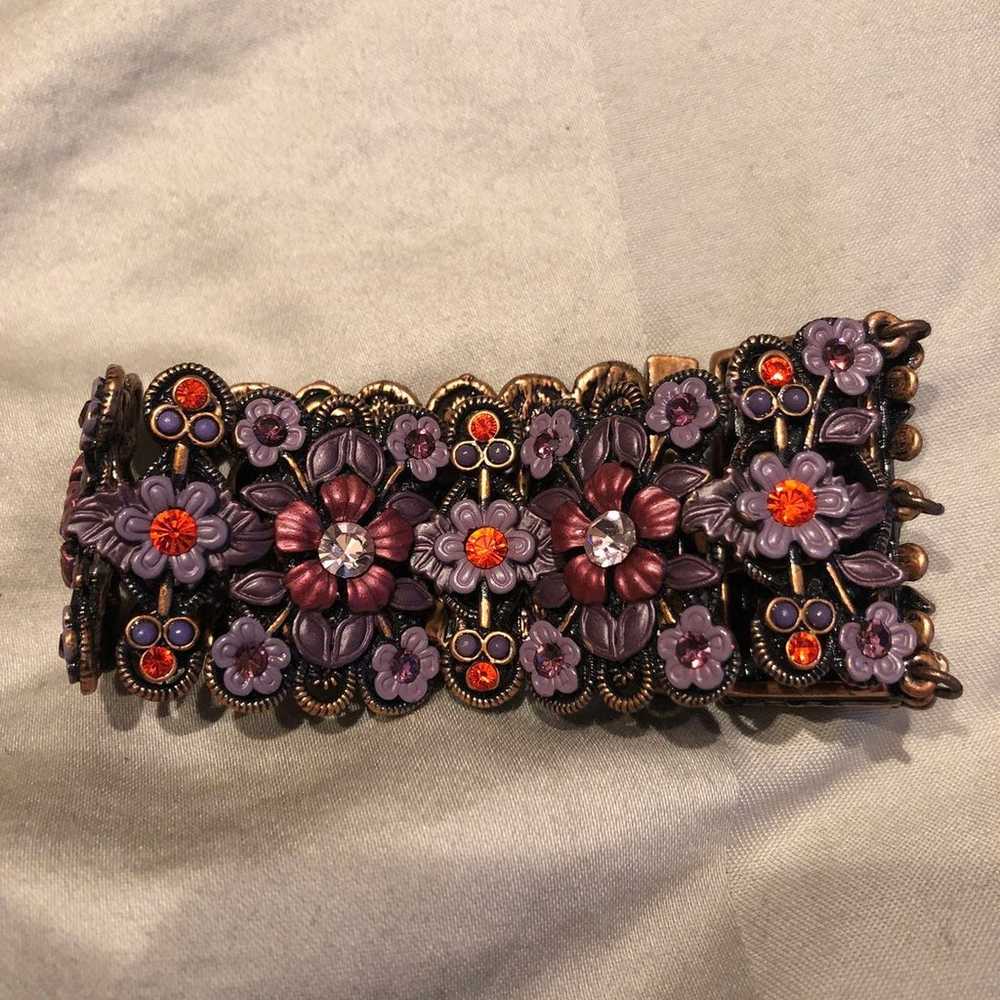 Vintage Cherub Clasp Pink & Purple Flower Bracele… - image 5