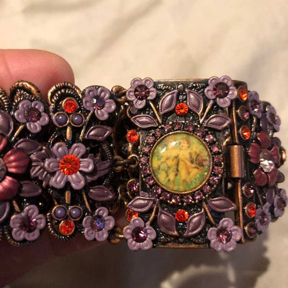 Vintage Cherub Clasp Pink & Purple Flower Bracele… - image 8