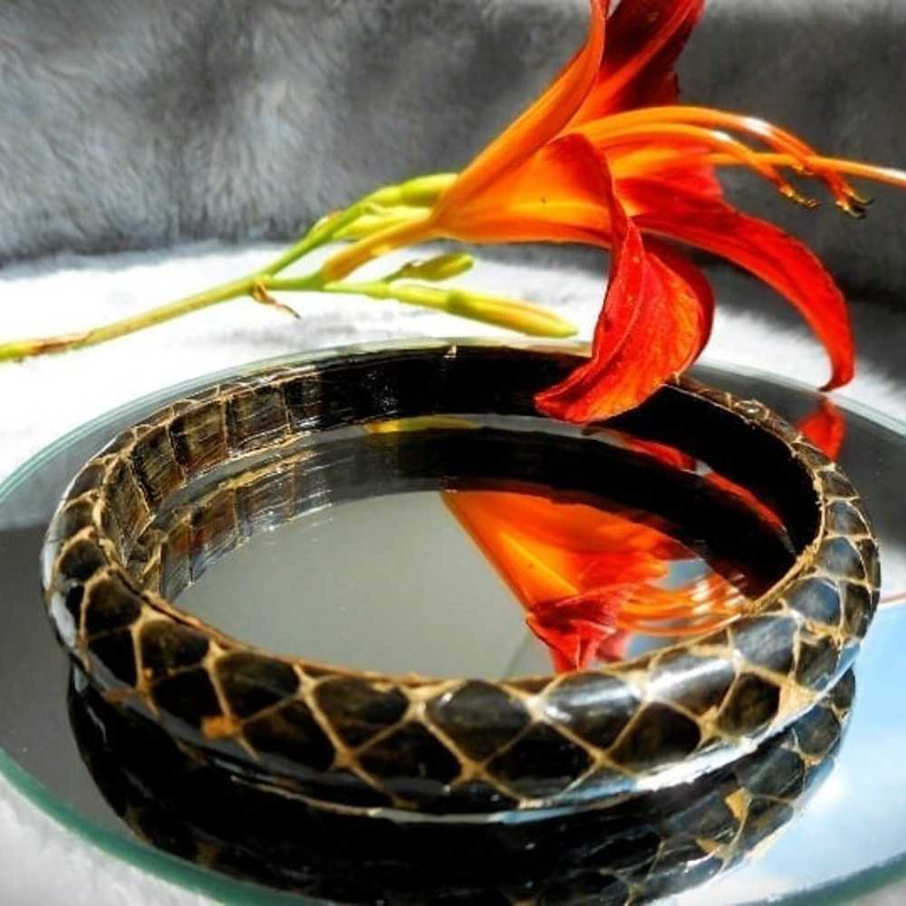 Genuine Brown Leather Snakeskin Bangle Bracelet N… - image 1