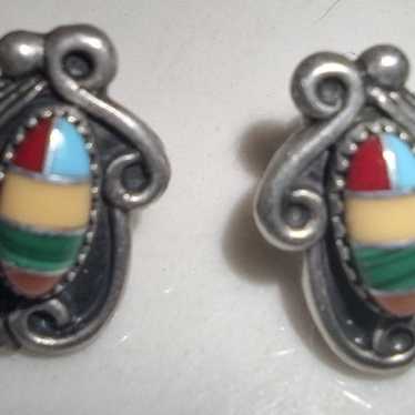 Vintage Navajo STERLING EARRINGS with inlaid ston… - image 1