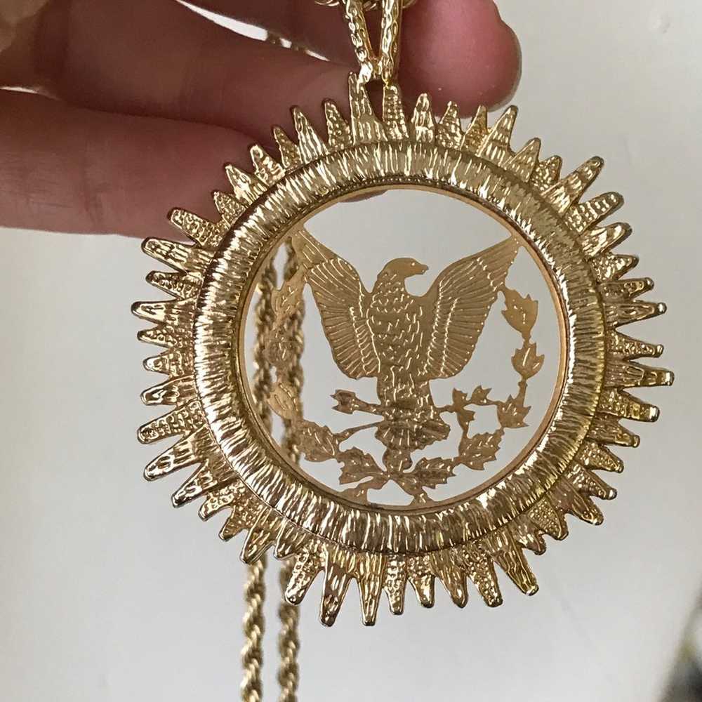 Vintage Sun Eagle Masonic Pendant Amulet Gold Ton… - image 3