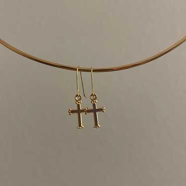 Dainty 14kt solid yellow gold cross dangle earrin… - image 1