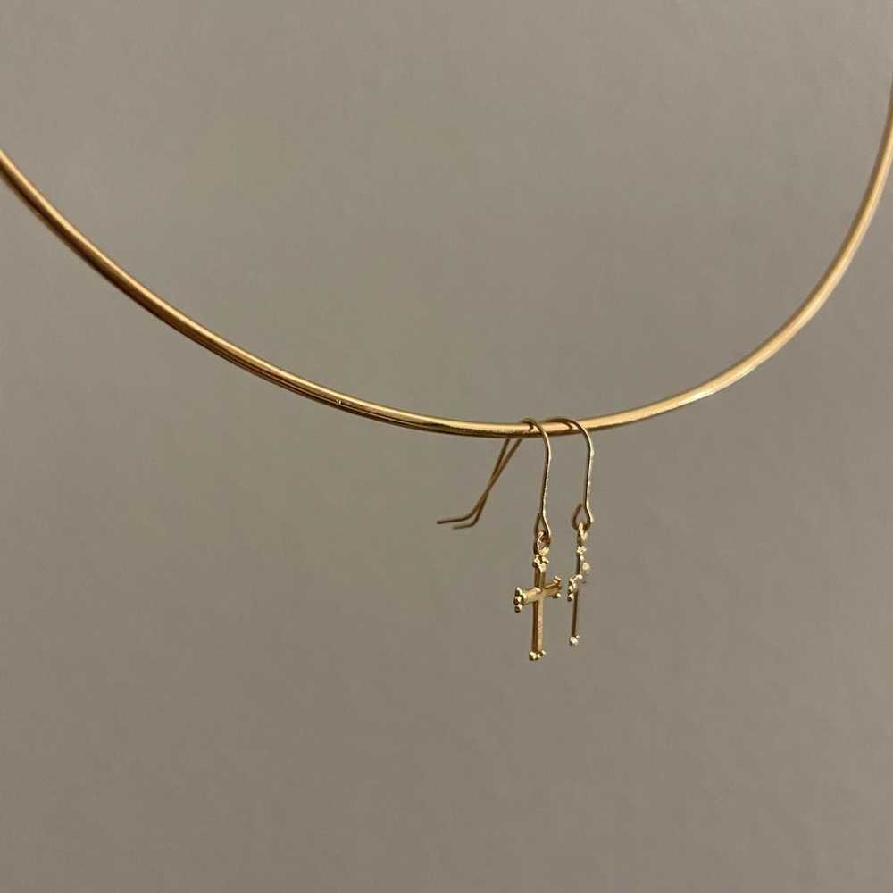 Dainty 14kt solid yellow gold cross dangle earrin… - image 2