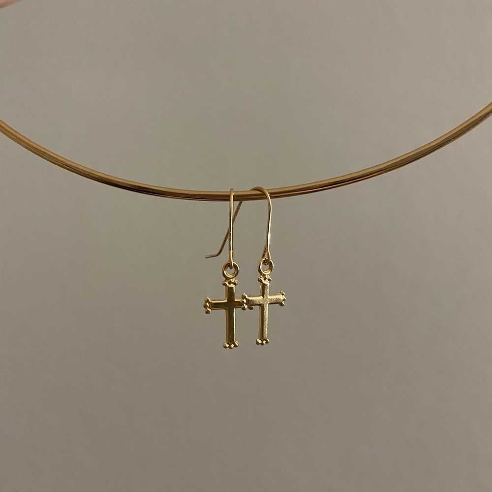 Dainty 14kt solid yellow gold cross dangle earrin… - image 3