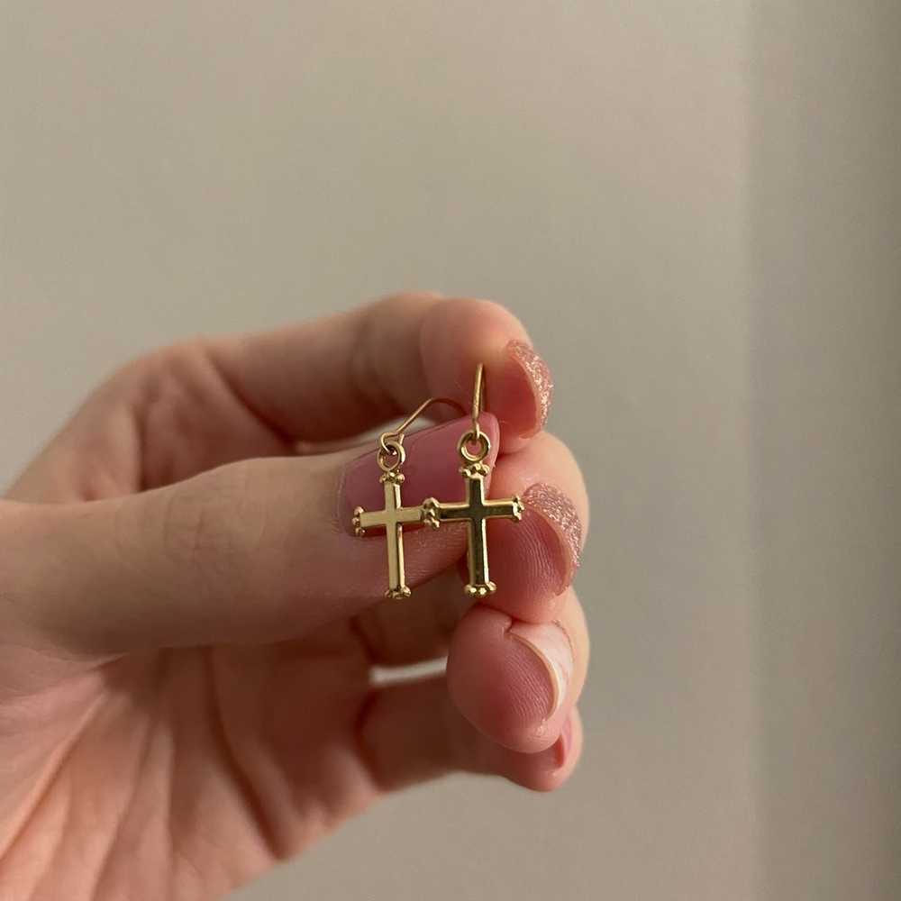 Dainty 14kt solid yellow gold cross dangle earrin… - image 4