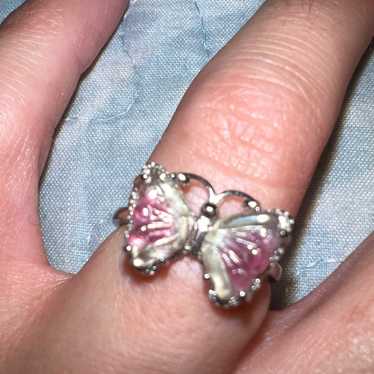 Pink and Clear Tourmaline Butterfly Ring Sterling… - image 1