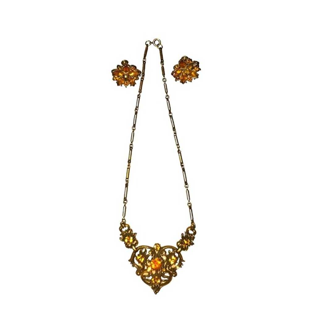 Coro Citrine Orange Vintage Rhinestone Necklace - image 1