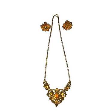 Coro Citrine Orange Vintage Rhinestone Necklace - image 1