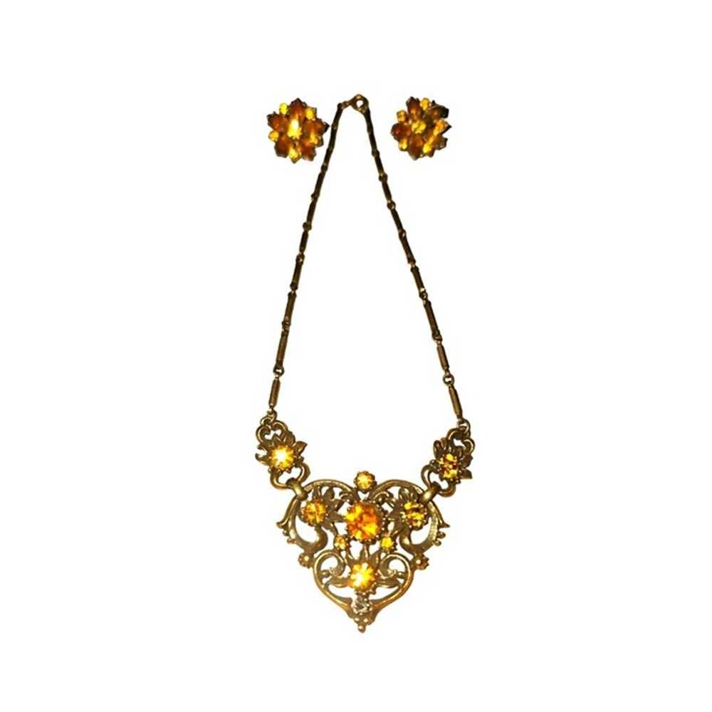 Coro Citrine Orange Vintage Rhinestone Necklace - image 3