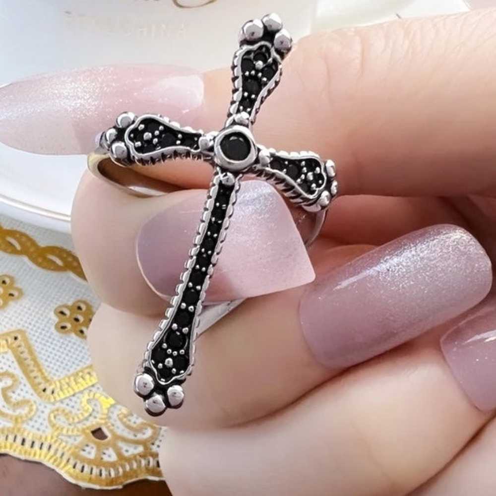 S925 Royalty Cross Black Spinel Ring - image 2