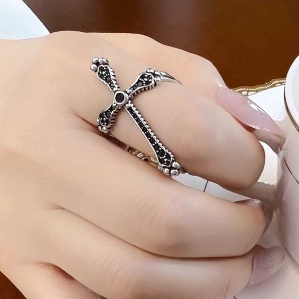 S925 Royalty Cross Black Spinel Ring - image 3