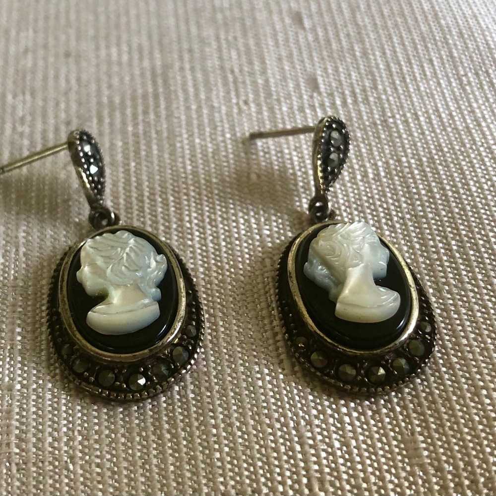 GORGEOUS MARCASITE + BLACK ONYX CAMEO EARRINGS ( … - image 1