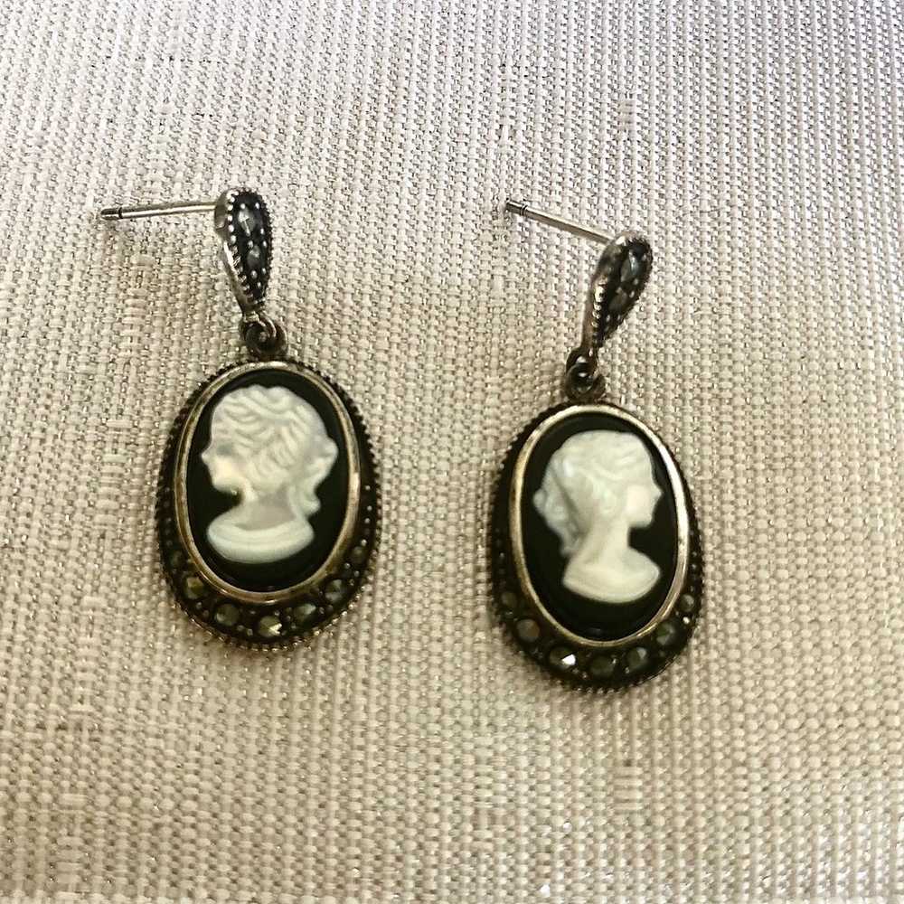 GORGEOUS MARCASITE + BLACK ONYX CAMEO EARRINGS ( … - image 2