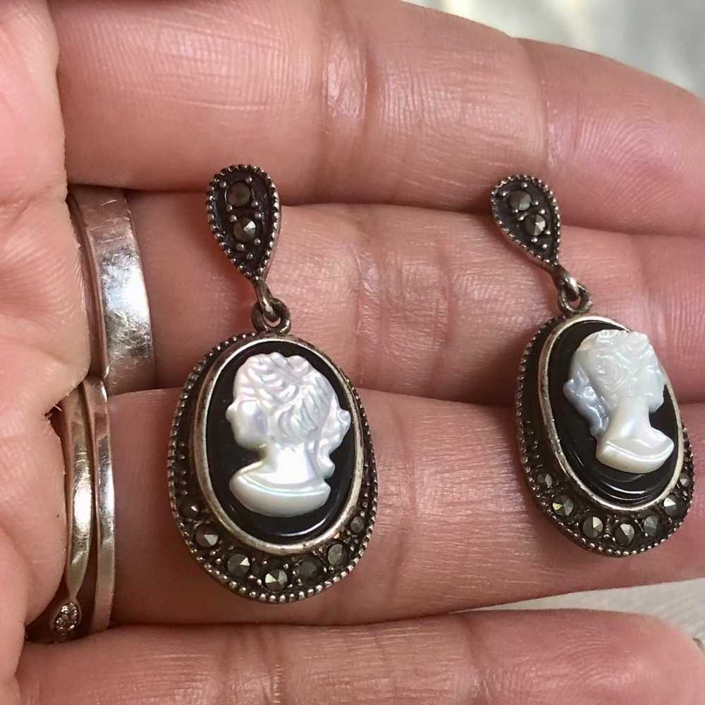 GORGEOUS MARCASITE + BLACK ONYX CAMEO EARRINGS ( … - image 3