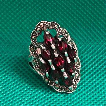 .925 Sterling Silver garnet with marcasite ring - image 1