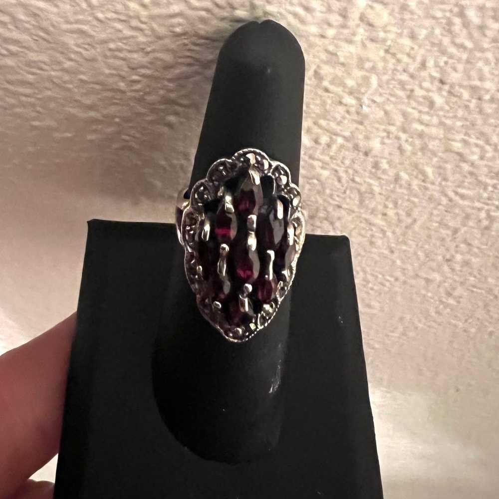 .925 Sterling Silver garnet with marcasite ring - image 2