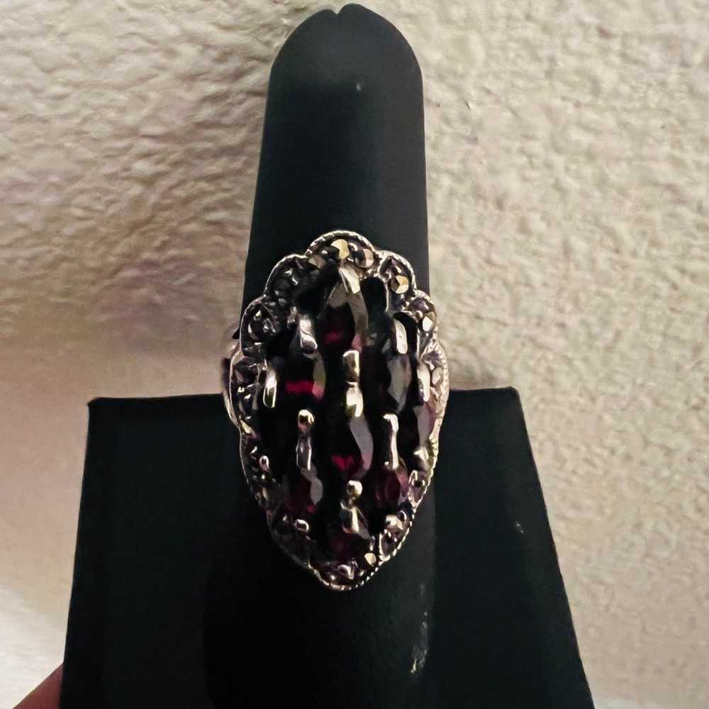 .925 Sterling Silver garnet with marcasite ring - image 3