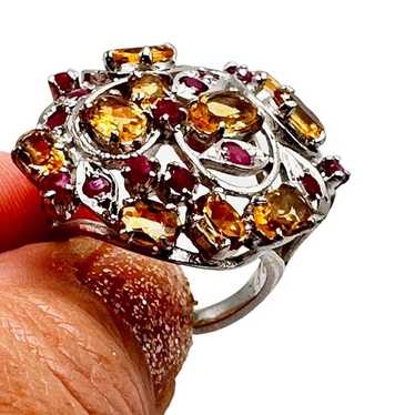 Yellow Citrine and Ruby Domed Sterling Silver Ring