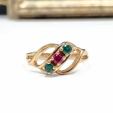 10k Solid Yellow Gold Genuine Red Topaz & Green S… - image 1