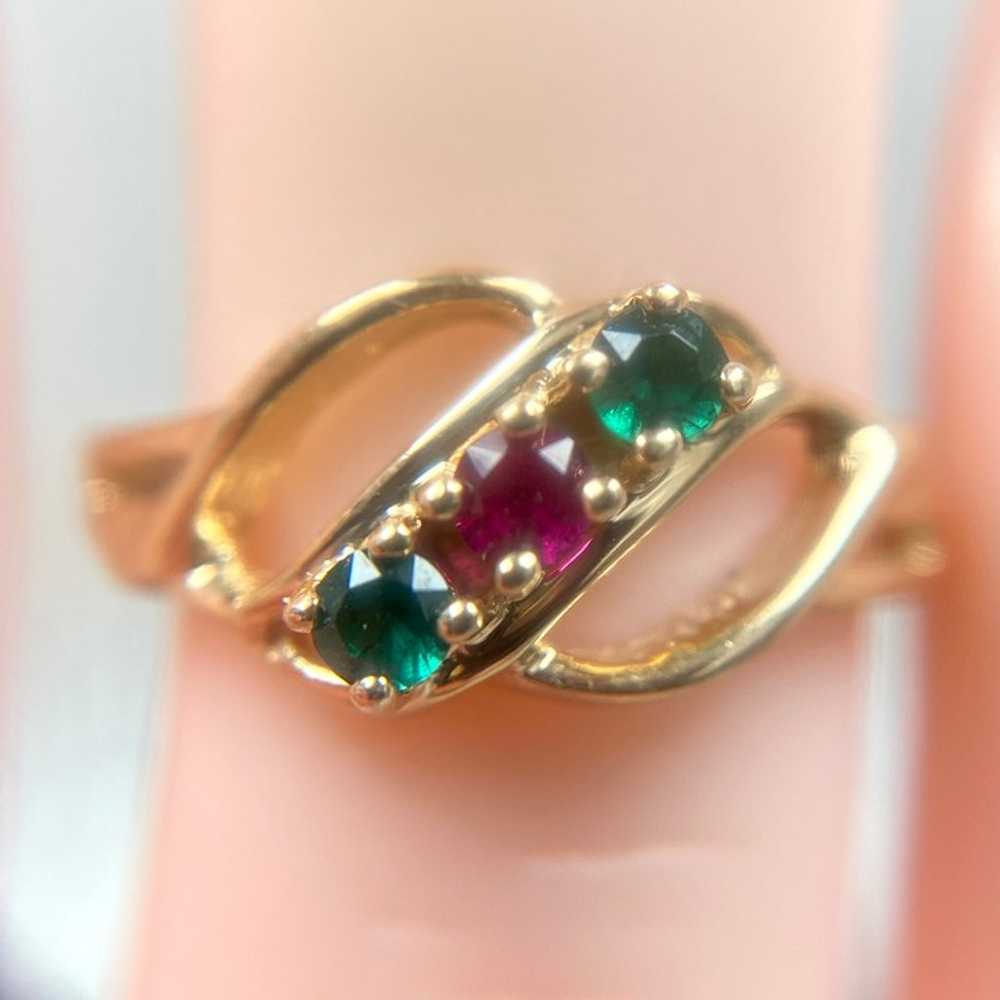 10k Solid Yellow Gold Genuine Red Topaz & Green S… - image 4