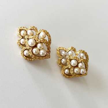 Vintage Trifari Gold Tone Faux Pearl Earrings - image 1