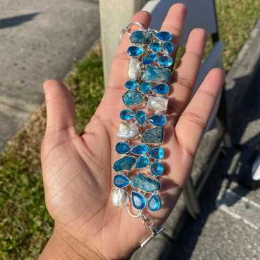 S925 Vintage Apatite, Biwa Pearl and Blue Topaz Br