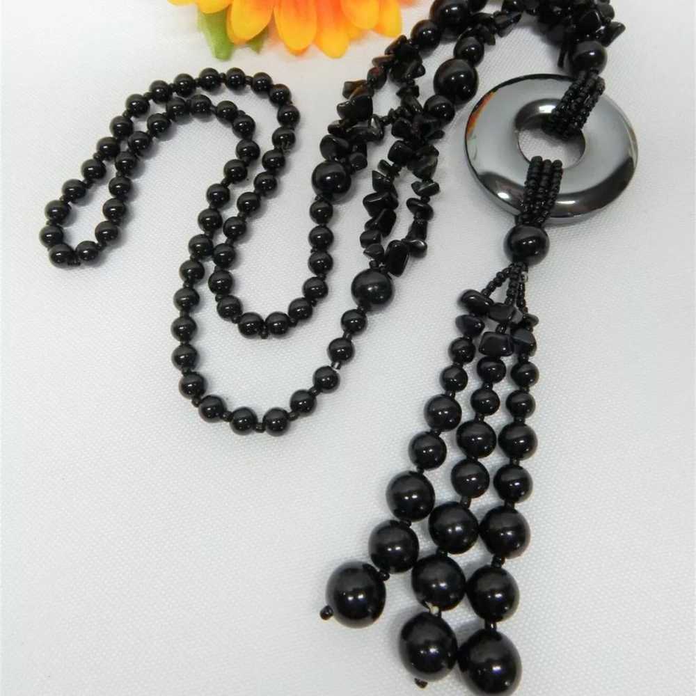 HAND KNOTTED BLACK ONYX & HEMATITE DISC TASSEL PE… - image 1