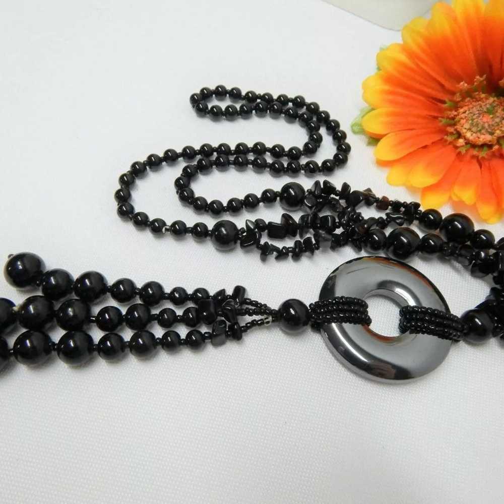 HAND KNOTTED BLACK ONYX & HEMATITE DISC TASSEL PE… - image 2