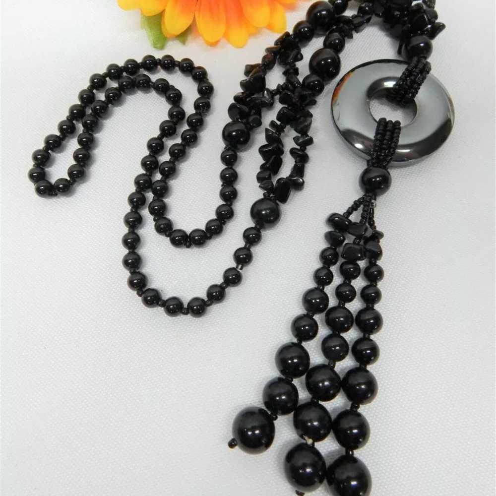 HAND KNOTTED BLACK ONYX & HEMATITE DISC TASSEL PE… - image 3