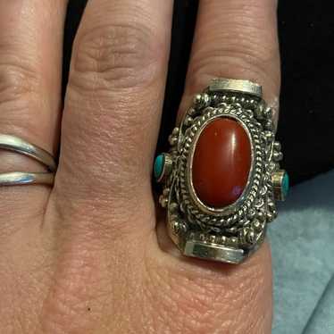 Sterling Tibetan Coral and Turquoise Ring