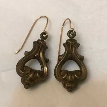 Antique Gold Brass Earrings Pierce Dangling Scroll