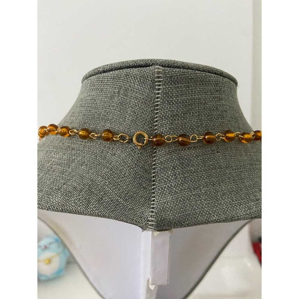 Vintage Long orange bead necklace gold tone - image 3