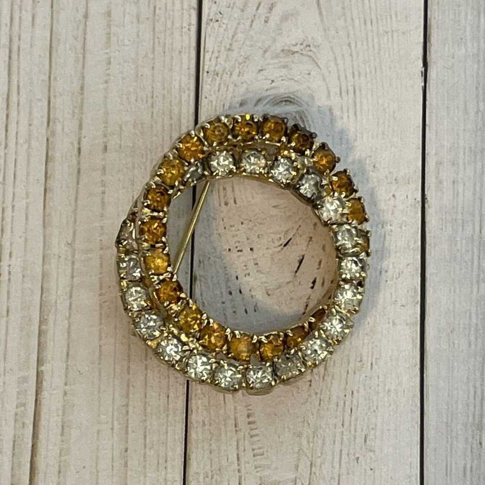 Vintage Round Double Circle Amber Clear Rhineston… - image 1