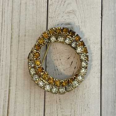 Vintage Round Double Circle Amber Clear Rhineston… - image 1