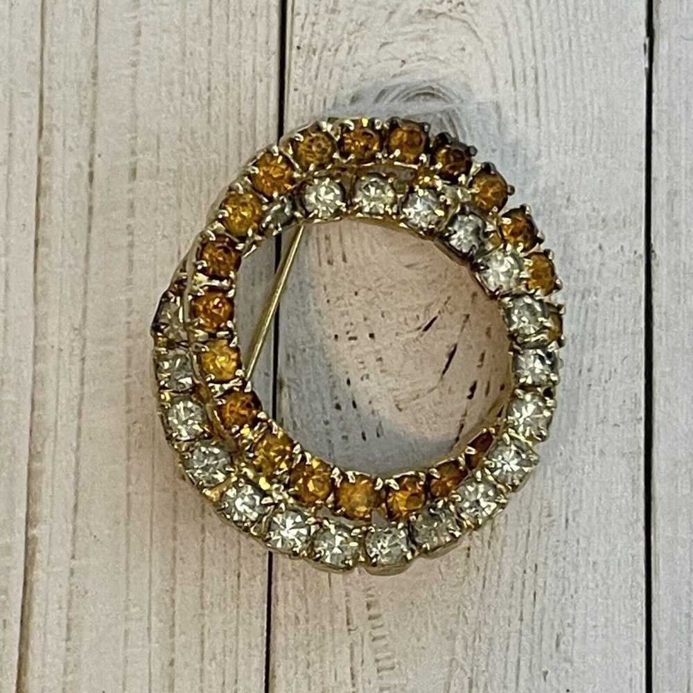 Vintage Round Double Circle Amber Clear Rhineston… - image 2