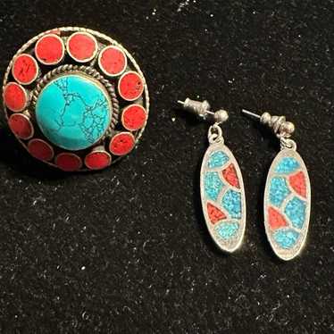 Vintage Turquoise and Corral Ring and Earrings - image 1