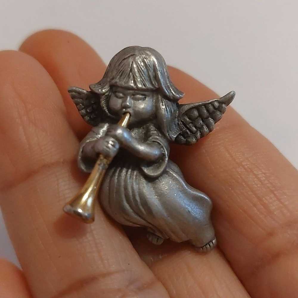 Vintage Signed Daria Angel Playing Horn Pewter La… - image 1